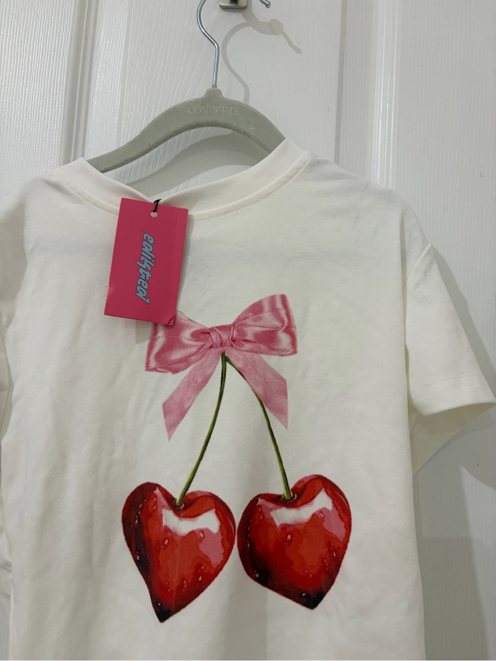 Edikted Cream Tee with Pink Bow and Red Cherry Print